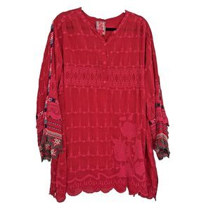 Johnny Was Mayu Tunic Blouse Wild Cherry Red Embroidered Beaded Top Sz 2X Boho